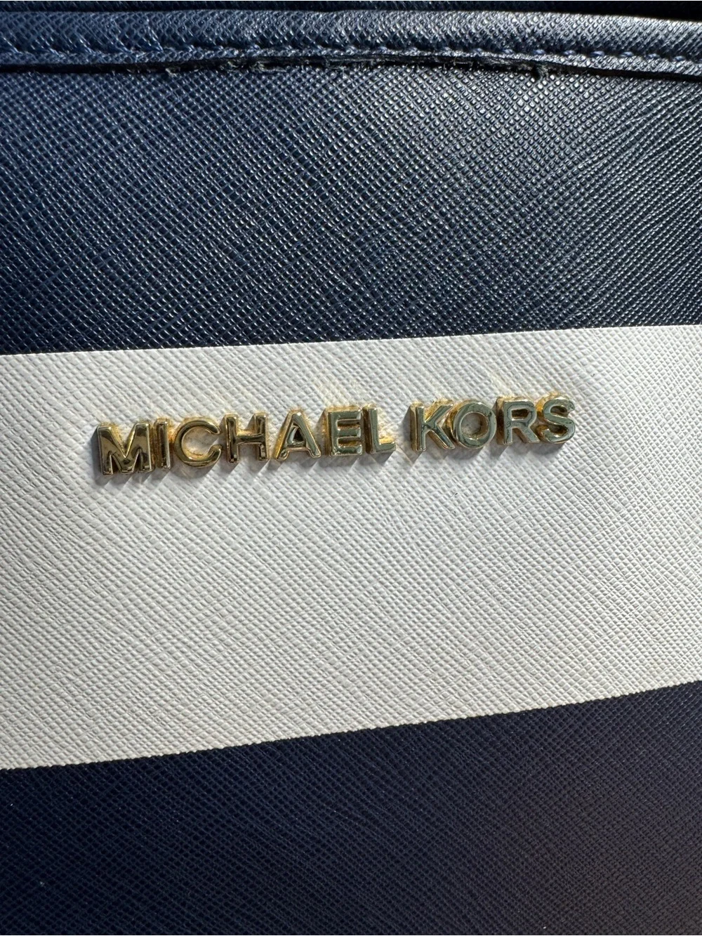 Michael Kors Navy & White Stripe Saffiano Tote with Tan Handles